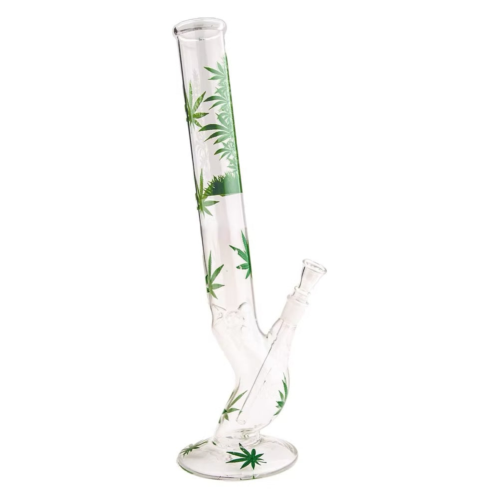 Curved Large Glasbong 45 cm mit geschwungenem Hals und Hanfblatt-Motiv​