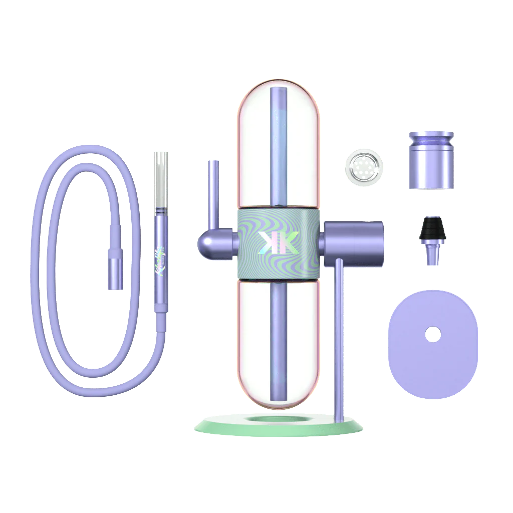 Kompletter Lieferumfang des Stündenglass x Khalifa Gravity Infusers mit Borosilikatglas-Kugeln, Aluminium-Hookah-Bowl-Set, 90 cm Silikonschlauch, verstellbarem Mundstück, Vinyl-Sticker-Set und Reinigungszubehör