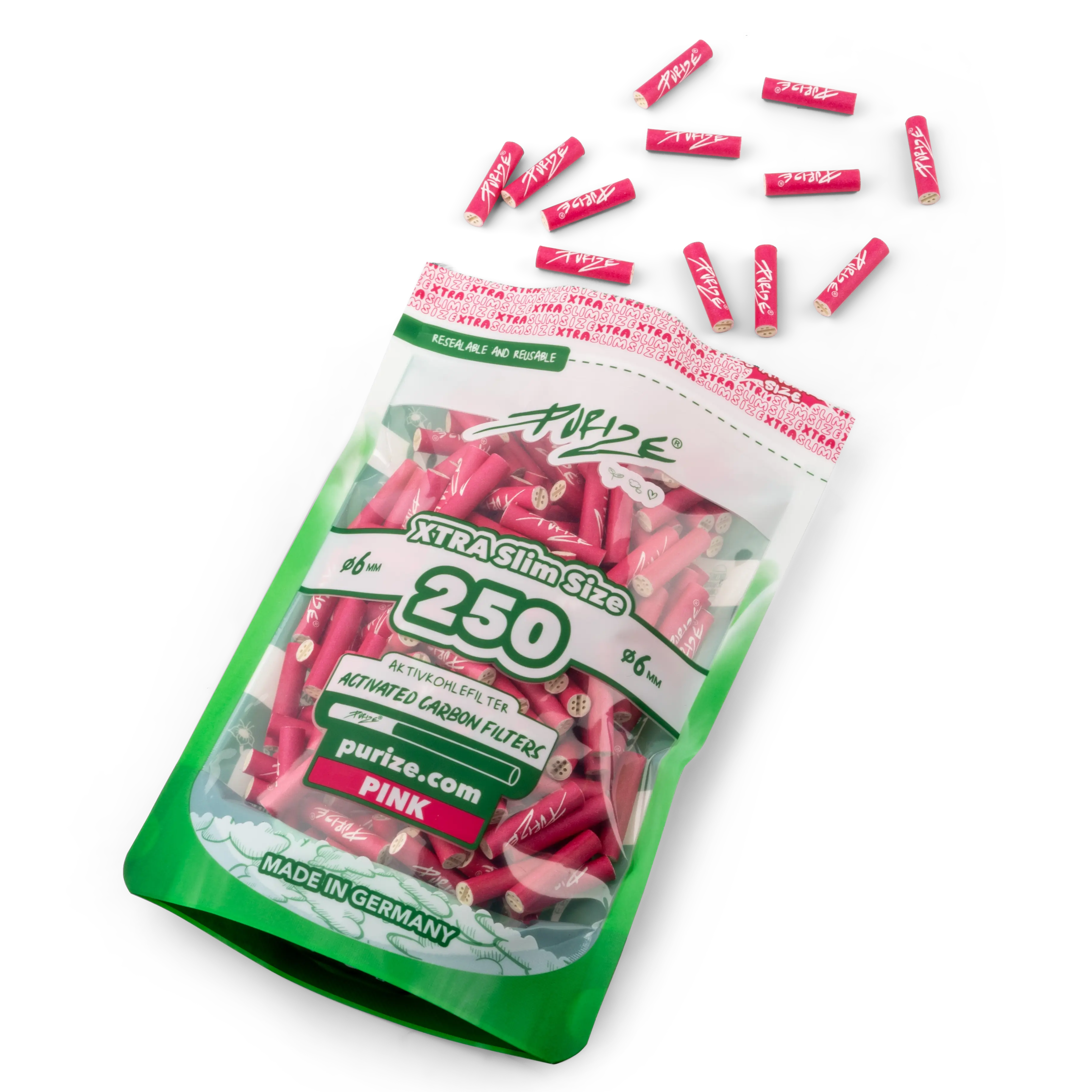 Purize Xtra Slim 250 Aktivkohlefilter in Pink offen