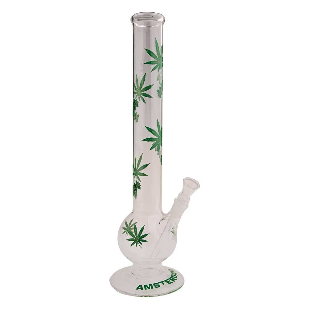 Amsterdam Leaf Large Straight Glass Bong 45 cm mit grünem Hanfblatt-Motiv​