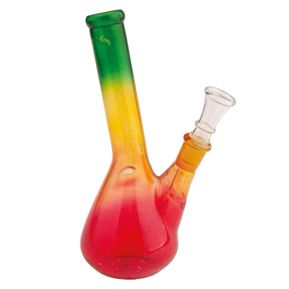 Rastafari Small Glass Bong Bent Shaft 18 cm mit grünem Hanfblatt-Motiv und gebogenem Hals​